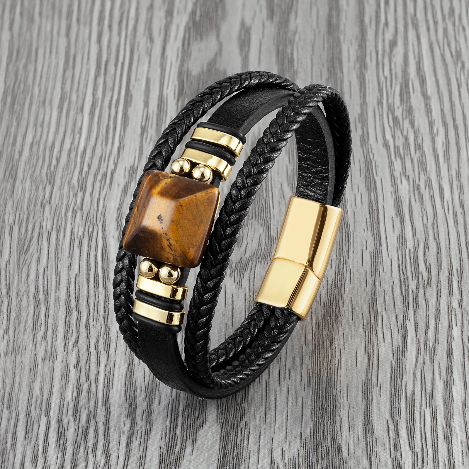 Square Natural Yellow Tiger Eye Stone Retro Jewelry Men's Bracelet 3 Layers Leather Cord Stainless Steel Charm Bracelet