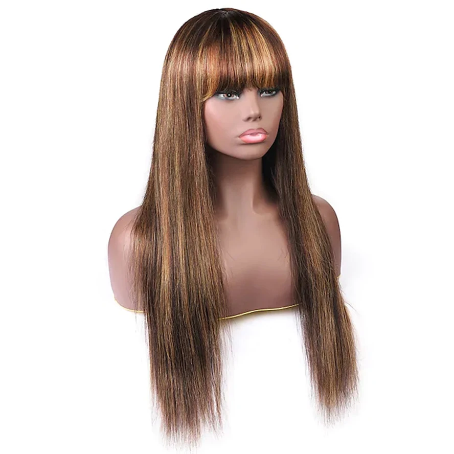 Remy cabelo humano peruca reta puro bang luz marrom cabelo peruano feminino médio marrom morango loira peruca diária