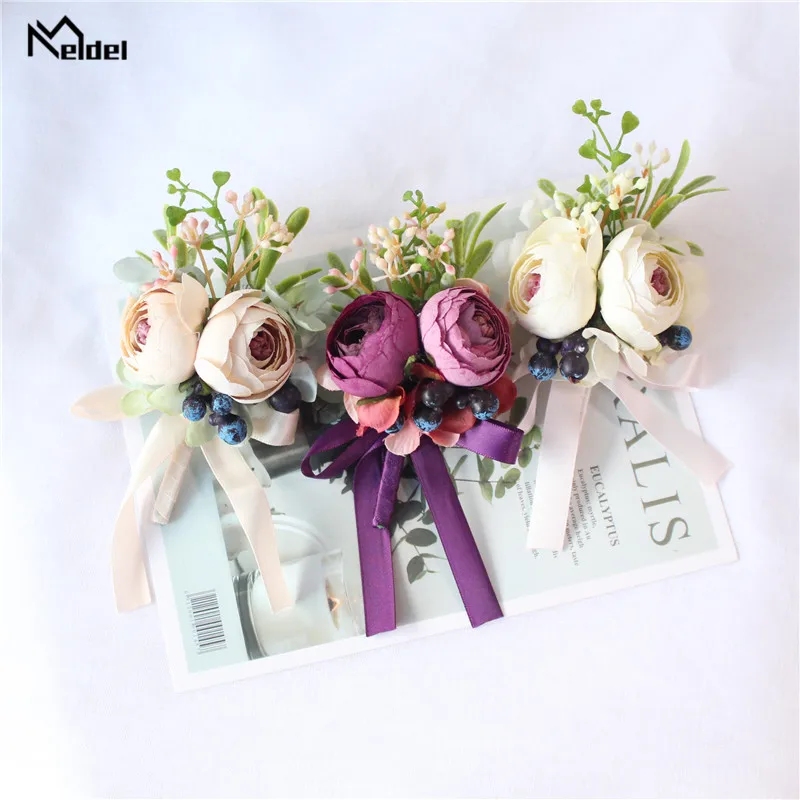 Meldel Putih Pink Groom Boutonniere Pria Sutra Rose Wanita Bros Pernikahan Korsase Pin Bunga Pernikahan Pernikahan Sutra Bunga Korsase