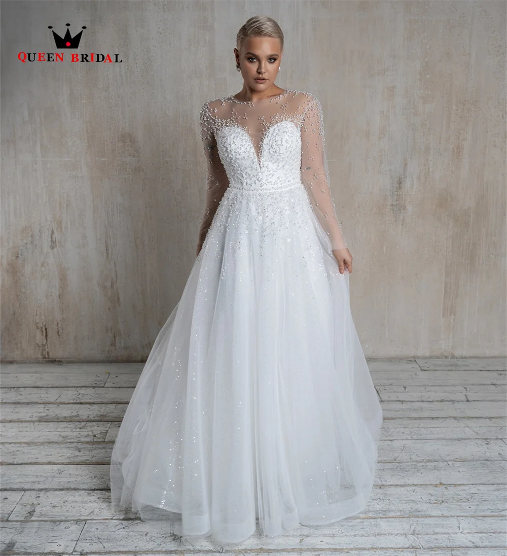 Vestido de novia Formal de talla grande, vestido de novia de manga larga con lentejuelas de tul y cuentas de cristal, nuevo diseño, DZ14, 2023