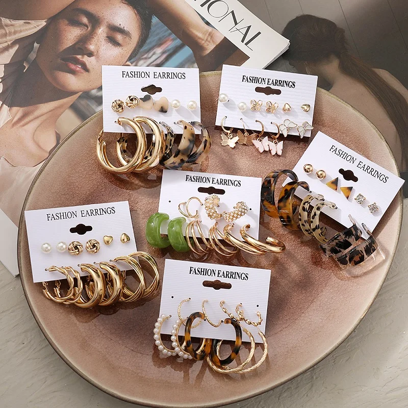 Bohemian Fashion Acrylic Leopard Round Circle Hoop Earrings Set For Women Gold Color Butterfly Pearls Drop Earrings Set Jewelry