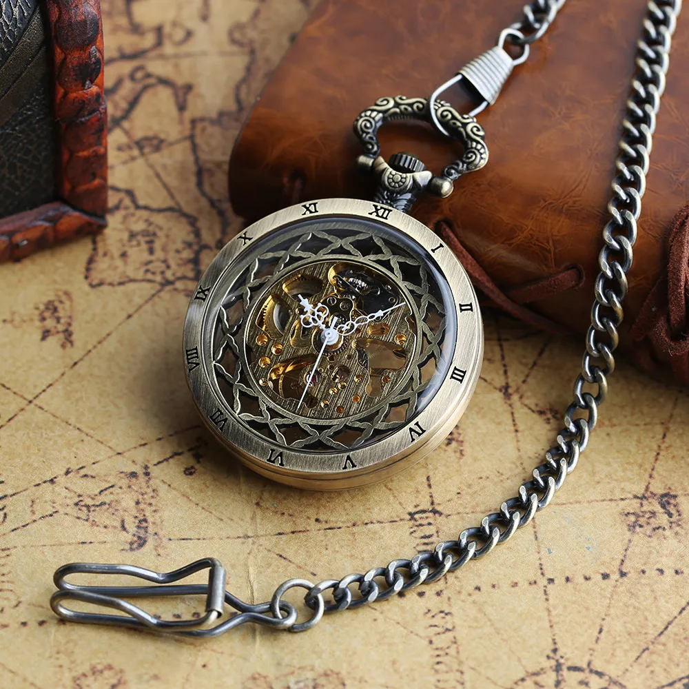 Transparent Bronze/Black Skeleton Manual Mechanical Pocket Watches with Hanging Chain Hand Winding Pendant Pocket Timepiece