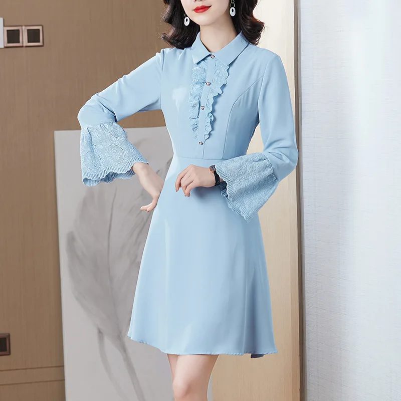 Spring and summer new fashion women solid A line dresses lace edge trumpet wrist sleeve peter pan collar dress