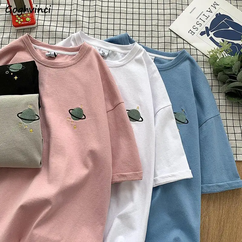 Short Sleeve T-shirts Women Sweet Cotton Casual High Street Preppy Style Embroidery Print O-neck Baggy Graphic Tshirts Femme Ins