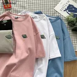 Short Sleeve T-shirts Women Sweet Cotton Casual High Street Preppy Style Embroidery Print O-neck Baggy Graphic Tshirts Femme Ins