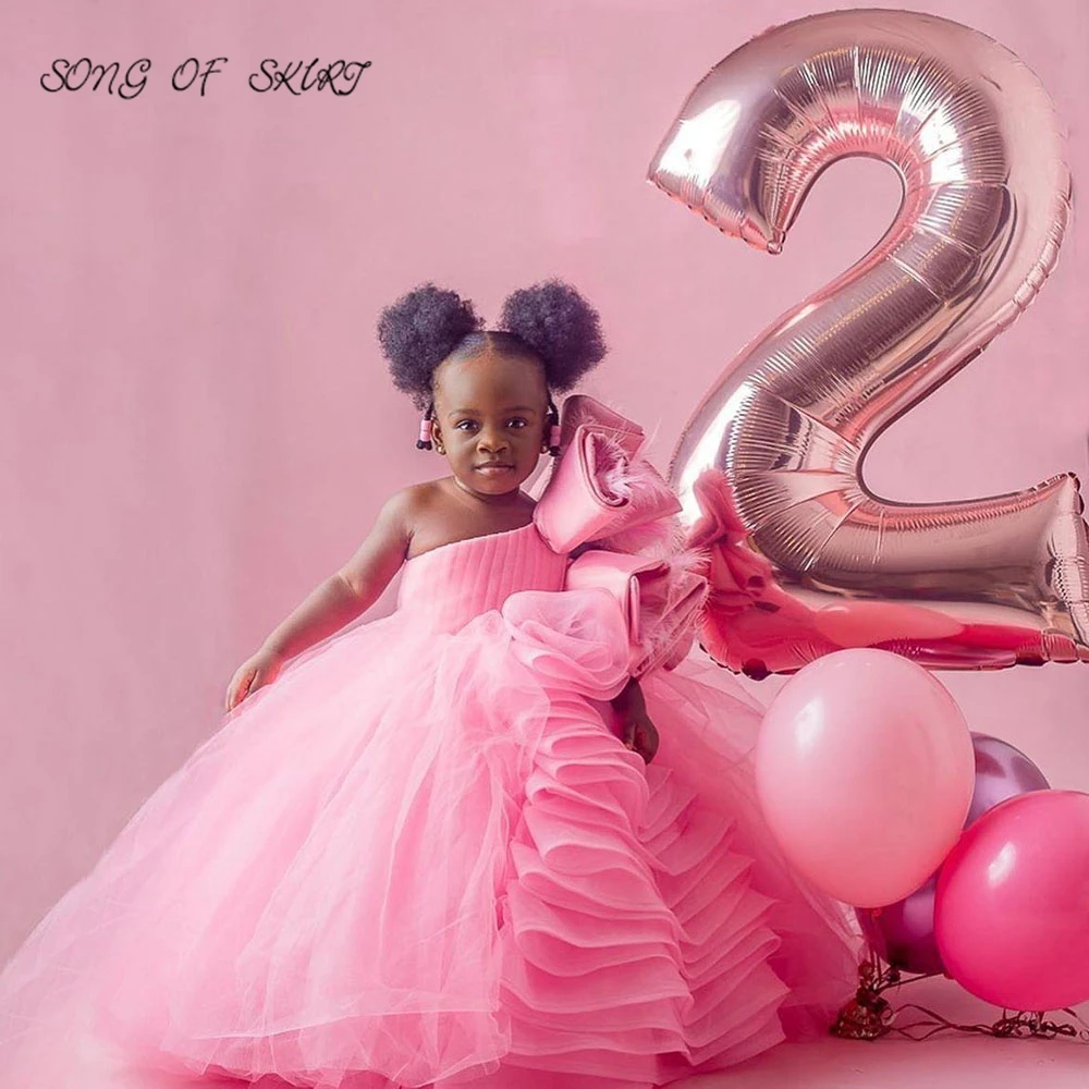 Cute Baby Pink Flower Girl Dresses Three-dimensional Feather  Children Birthday Party Ball Gown платье для девочки