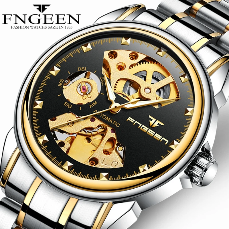 Top Luxury Golden Full Stainless Steel Men Aautomatic Mechanical Watch Business Hollow Men's Watches Waterproof Mechanical Gifts
