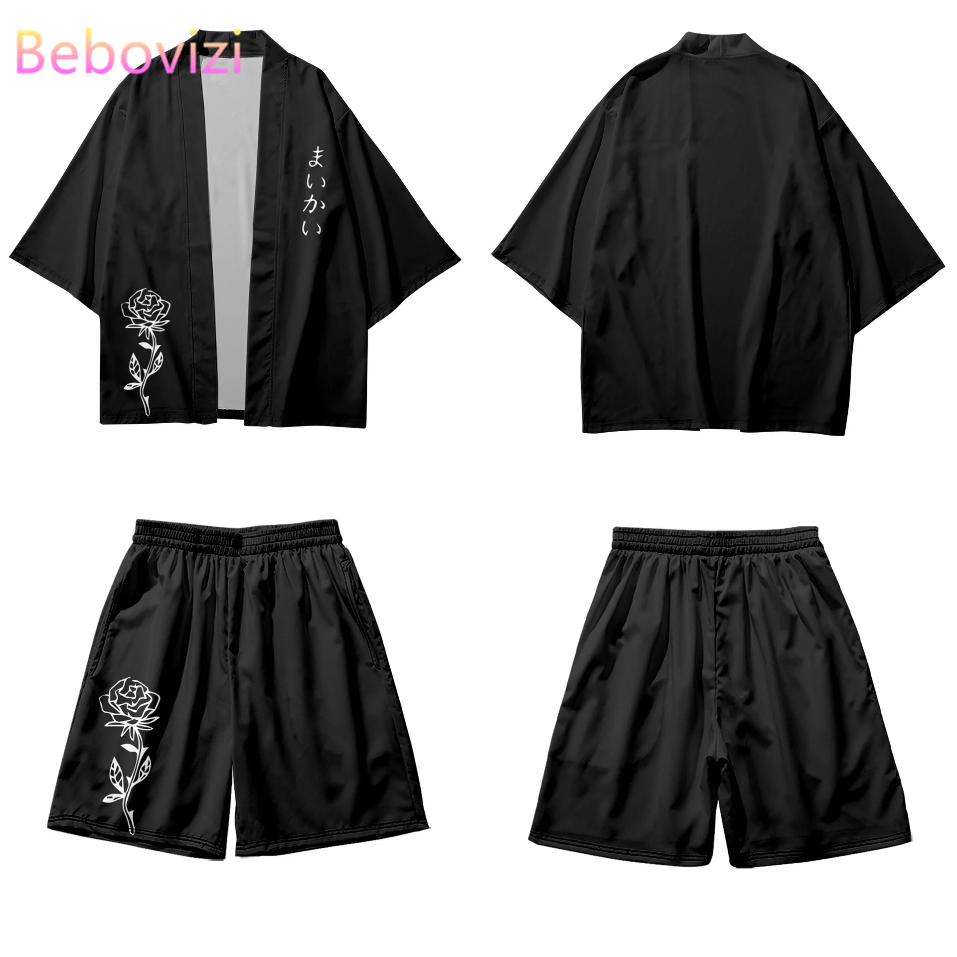 Traditional Rose Print Two-piece Suit Yukata Women Kimono Shorts Harajuku Japanese Cardigan Men Cosplay Samurai Haori Clothing