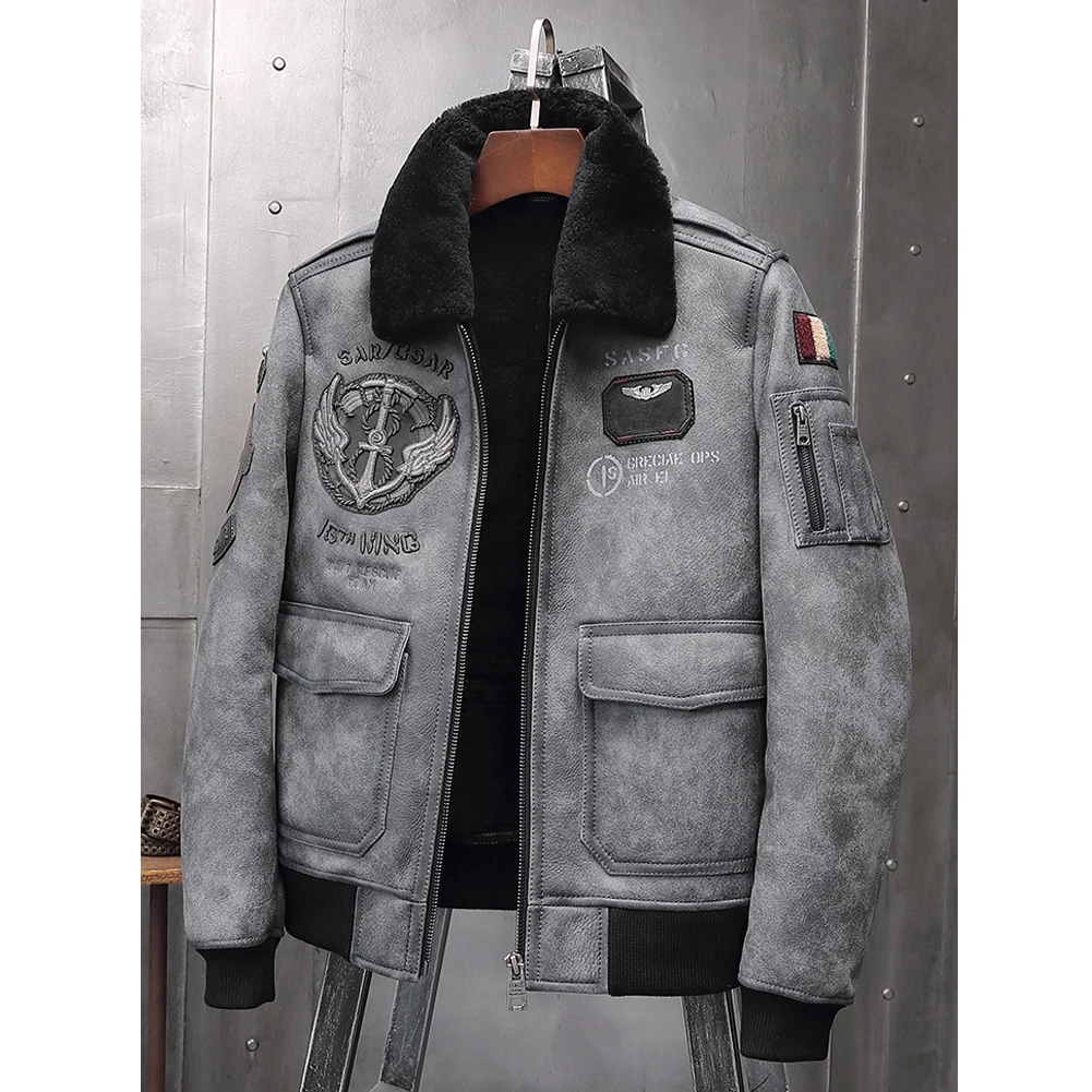 2019 New Mens B6 Sheepskin Shearling Coat Flight Jacket Leather Fur Overcoat Embroidered Aviator Winter Parkas