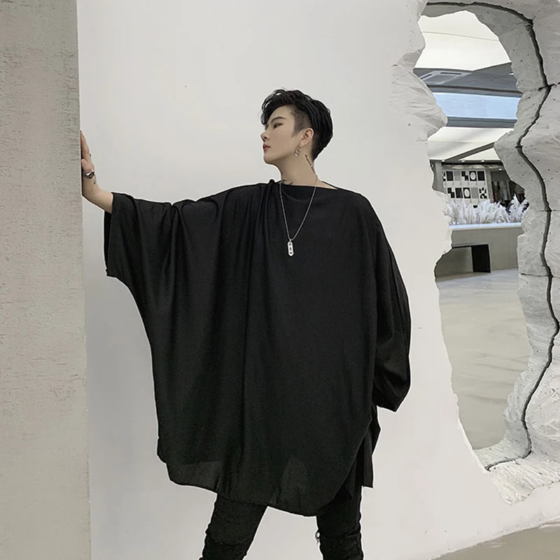 Spring and summer new dark men\'s oversize loose bat sleeve T-shirt teenagers hip hop long sleeve T-shirt