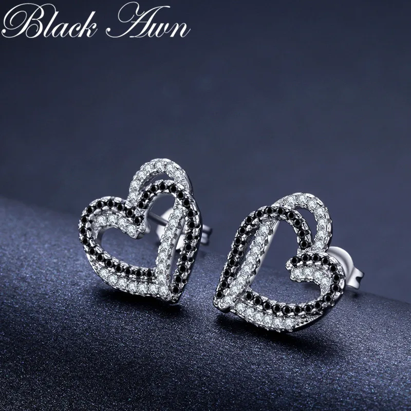 2023 New Black Awn Romantic Silver Color Jewelry Natural  Heart Party Cute Stud Earrings for Women I155