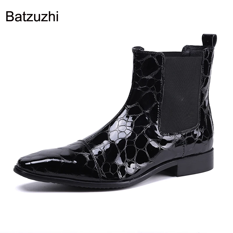 

Batzuzhi Luxury Black Patent Leather Short Boots Men Slip on Pointed Toe Korean Style Fashion Men's Boots Botas Hombre, EU38-46