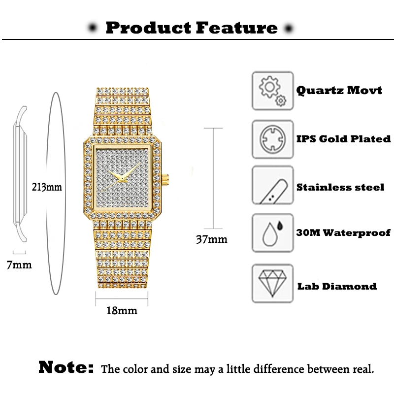 MISSFOX Diamond Watch For Women Luxury Brand Ladies Gold Square Watch Minimalist Analog Quartz Movt Unique Female Iced Out Watch