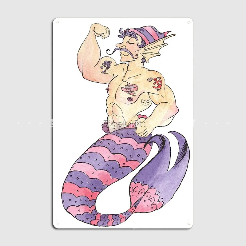 Mermay Sailor Merman With Tattoos Watercolor Poster Metal Plaque Club Bar Retro Mural Painting Tin Sign Poster