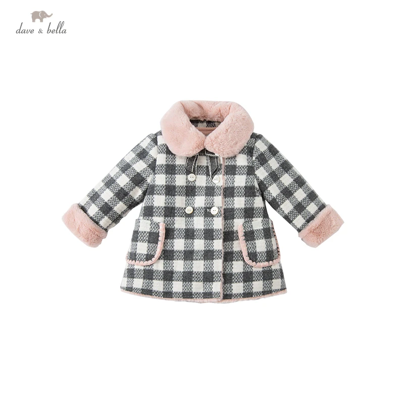 DBM19459 dave bella winter baby girl fashion bow plaid pockets coat children girls tops infant toddler outerwear