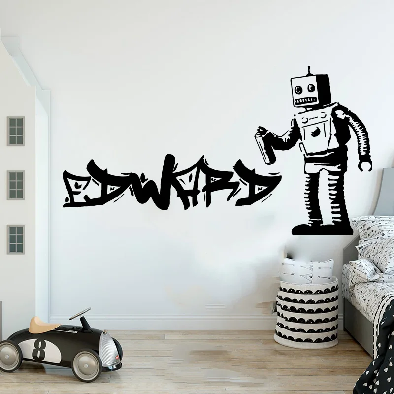 Custom Name Banksy Barcode Robot Graffiti Wall Sticker Decal Street Art Banksy  Children Room Playroom Home Decor