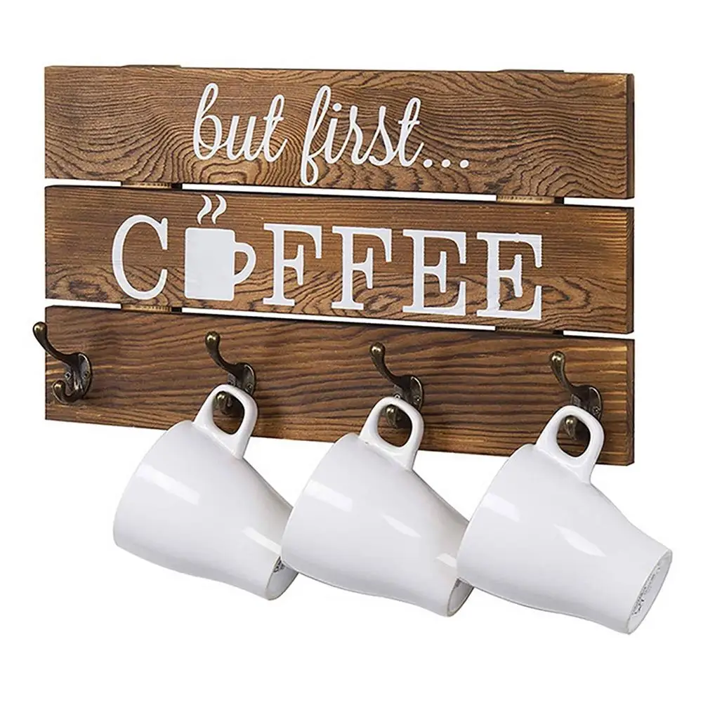 

5 Hooks Wall Mounted Rustic Pine Wood Coffee Mug Holder Cup Display Organizer With But First Coffee Sign For Home And Store