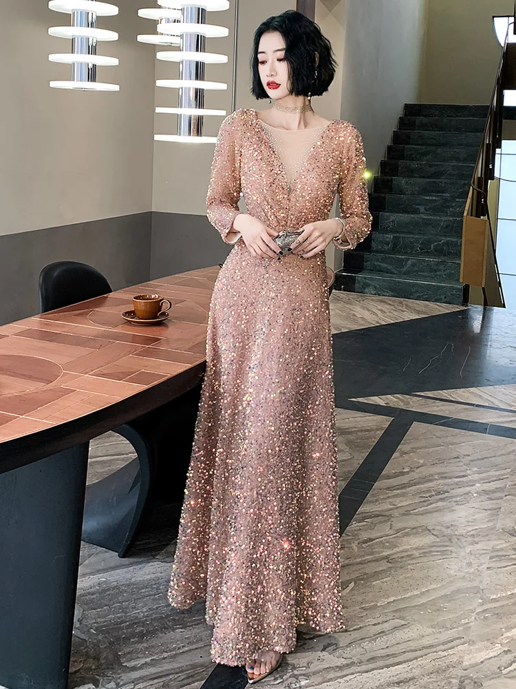 Customized Sequined Long Sleeves Evening Dress O Neck Glitter Prom Dresses Plus Size Elegant Floor Length Vestido de noiva