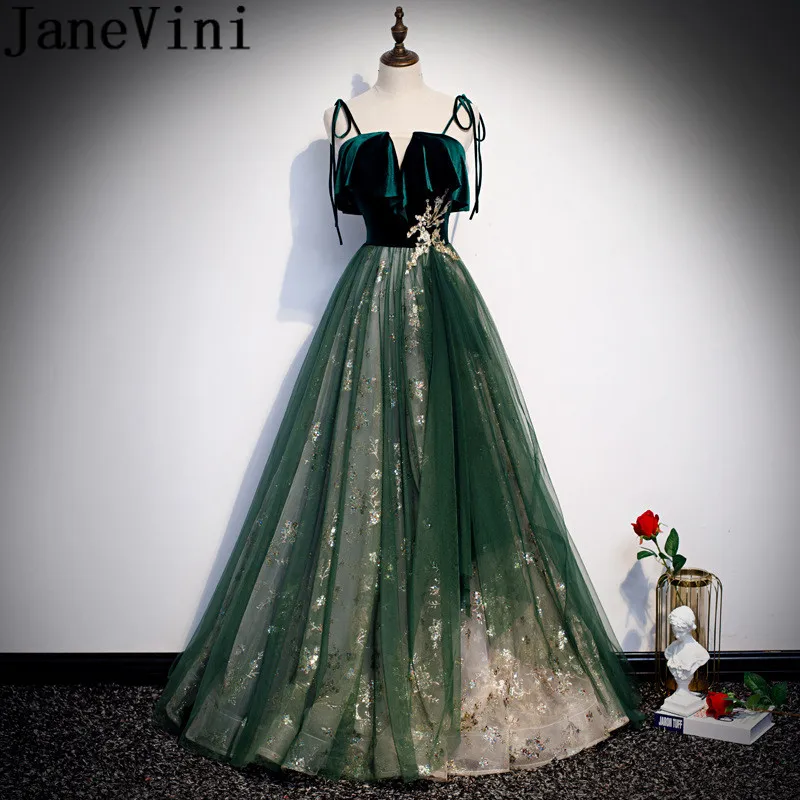 Janevini escuro verde veludo superior vestidos de baile longo ouro brilhos princesa fofo tule cintas de espaguete uma linha formal vestidos de festa