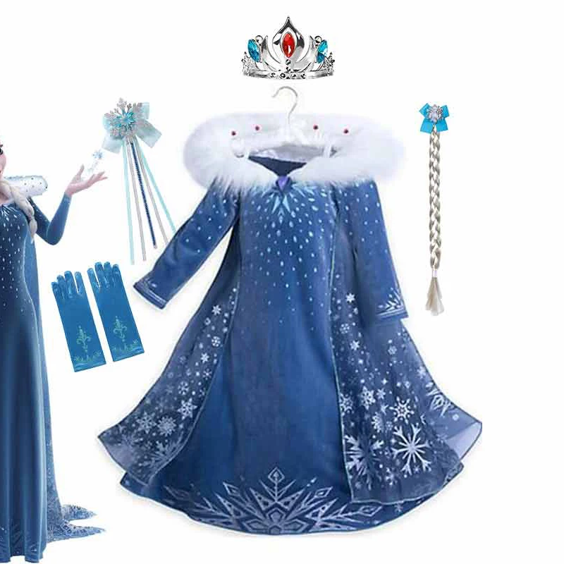 Elsa Winter Cosplay Costume for Girls Princess Party Queen Elsa Dress Kids Carnival Velvet Frocks Clothing