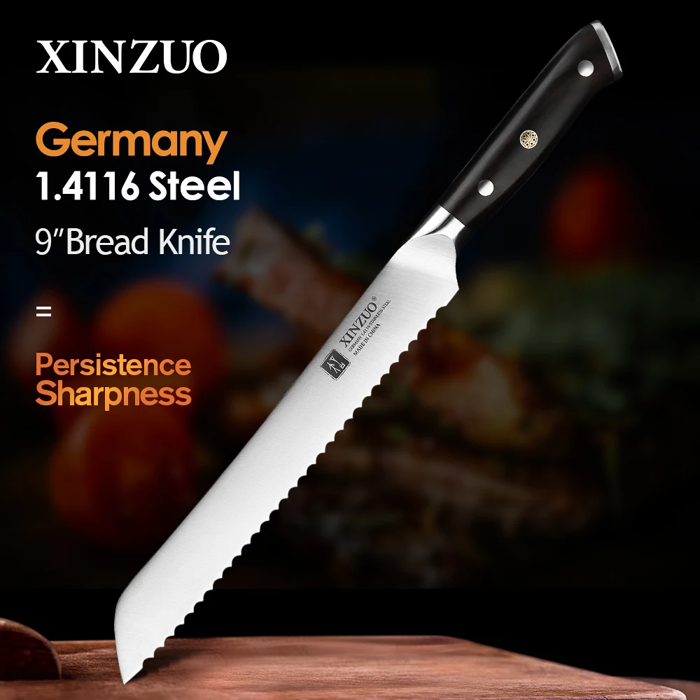XINZUO German 1.4116 Stainless Steel 9\'\' Bread Knife 58HRC Serrated Design Cutter Tool For Cutting Bread Cheese Cake Gift Box