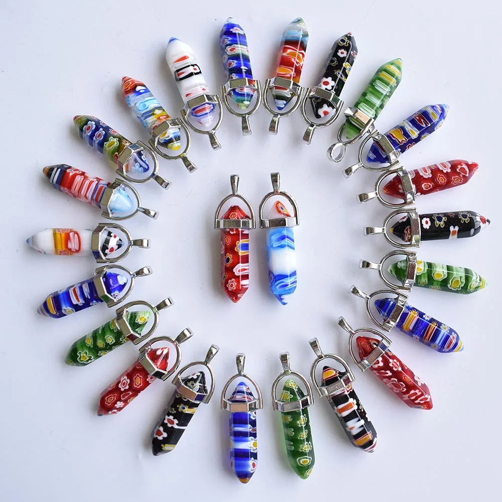 Großhandel 24 Stück/Set Farbige Glasblumen Sechseckige Säulenperlen Halsketten-Anhänger für Damen Modeschmuck Kostenloser Versand – Detail 1