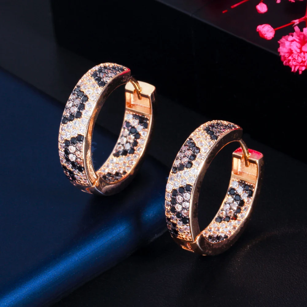 CWWZircons Shiny Micro Pave Cubic Zirconia Gold Color Round Leopard Hoop Earrings for Women Unique Popular Jewelry Gift CZ871