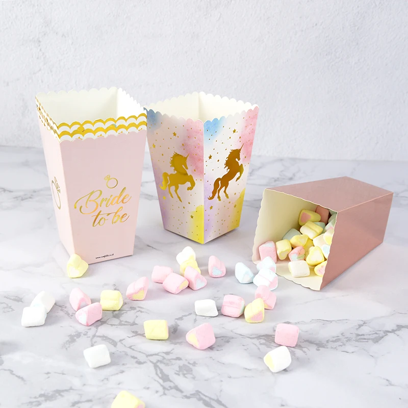 6/12pcs Gold Silver Popcorn Paper Box Unicorn Dot Stripe Pop Corn Candy Snack Bags Wedding Party Kids Birthday Favor Decorations