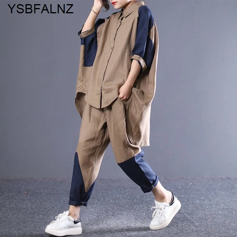 Spring Summer Pants Suit Korean Loose Matching Cotton Linen Asymmetric Shirt Leisure Two Piece Set Tracksuit Womens Half Sleeve