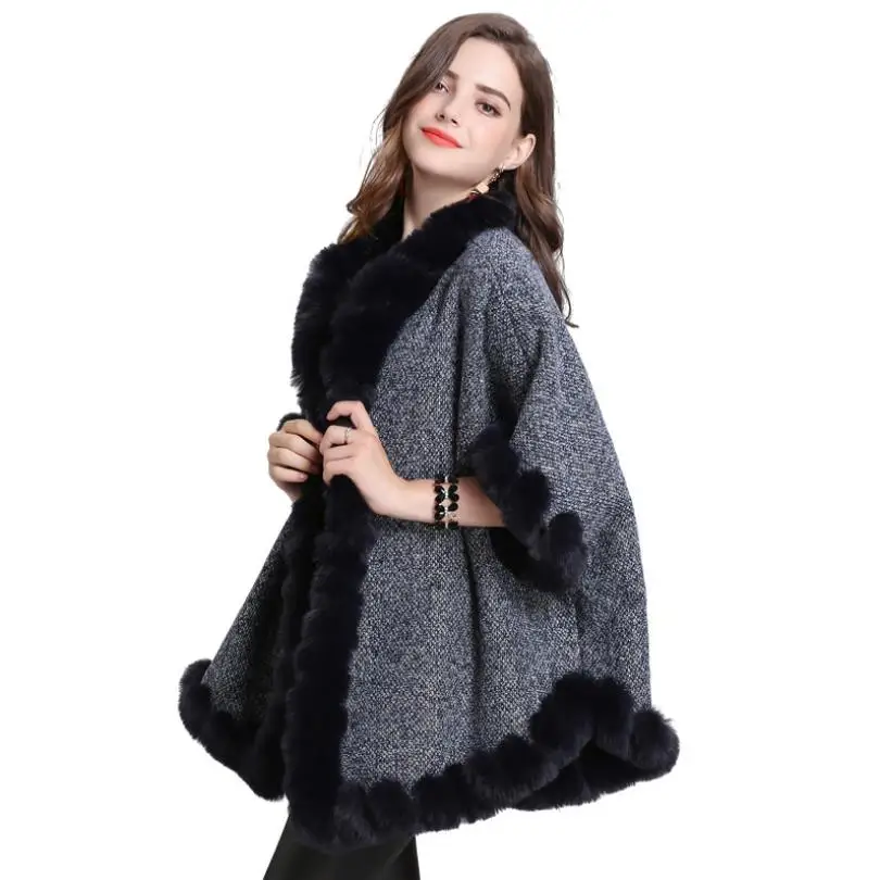 Winter Europa neue Fashon oversize lose nachahmung fuchs pelz kragen stricken mäntel weibliche fledermaus ärmel strickjacke schal mantel jacken F210