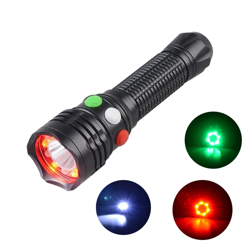 2020 New 3 Color Signal Flashlight Powerful 300 LM LED Red/Green/White Light Torch With Magnet Base 18650 Lantern For Camping