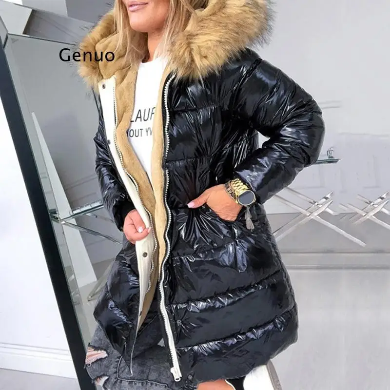 Cotton Padded Jacket Black Women Solid Hood Fur Warm Winter Coat  M-4XL Office Ladies Retro Causal Loose Parkas Outwear