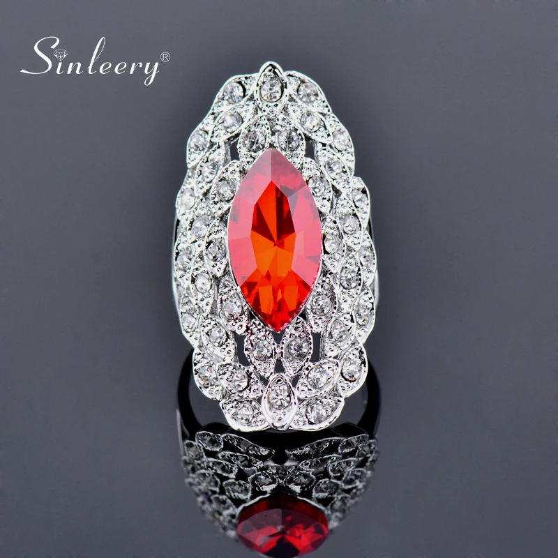 SINLEERY Luxury Big Black Crystal Long Rings For Women Silver Color Cubic Zirconia Wedding Exaggerated Jewelry JZ561