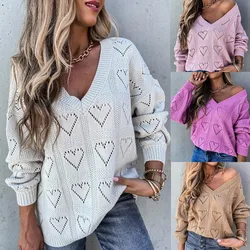 Casual Solid Color Sweater Women Jumper Pullover Tops Fashion Lady Hollow Out Heart Shape V Neck Ribbed Knitted Sweaters S-2XL