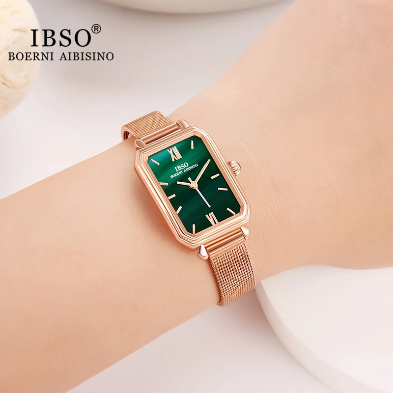 IBSO Women Luxury Fashion Green Gold Quartz Watches Elegant Rectangle Stainless Steel Mesh Strap Ladies Wristwatch Female Clock