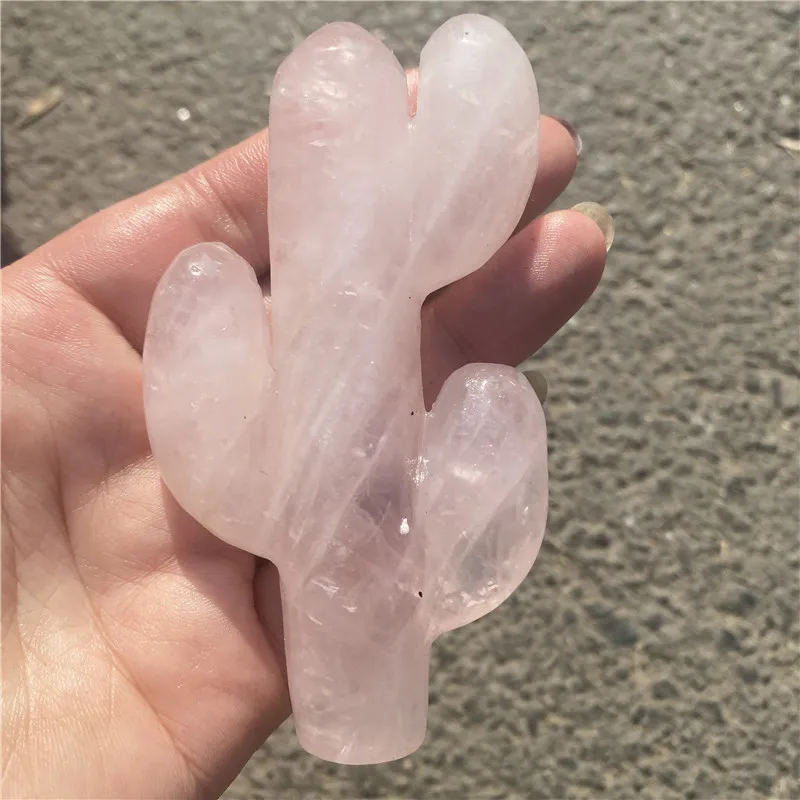 Natural Rose Quartz Stone Crystal Carving Cactus Prickly Pear Decorative Ornaments Crafts