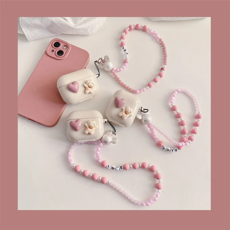 

Cute Cartoon Cat Love Heart Bead Chain Earphone Cases For AirPods Pro 3 Soft Bluetooth Headphone Cover For Air Pods 2 1