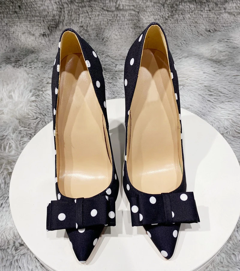 Veowalk Polka Dot Women Silk Satin Pointed Toe Stiletto High Heels Bow Knot Elegant Ladies Party Shoes 8cm 10cm 12cm Pumps Black