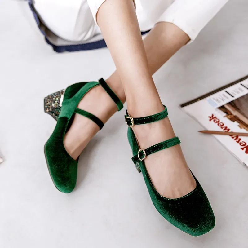 Concise Spring 2024 New Solid Velvet Flock Shoes Womens Square Toe Ankle Strap Bling Sequined Heel 5cm Woman Pumps Green Size 45