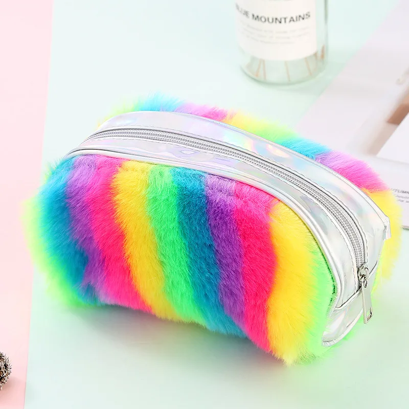 Plush School Pencil Case Colorful Rainbow Pen Box for Girl Pencilcase Large Cartridge Cosmetic Makeup Penal Bag Stationery Pouch