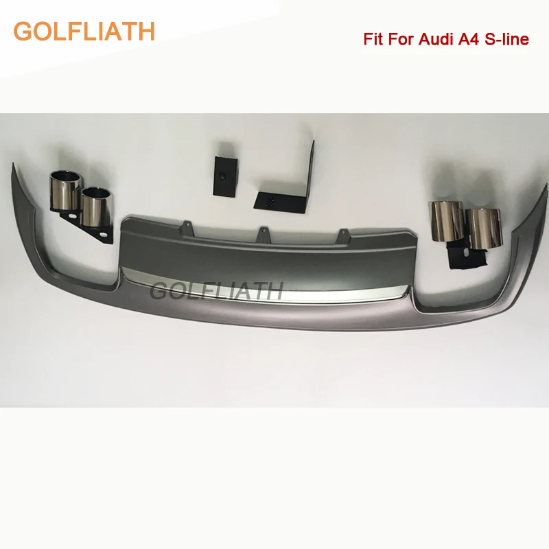 GOLFLIATH PP+Stainless Rear Lip Bumper Diffuser Kit End Pipe Muffler Tip fit For Audi A4 S-line 2012-2015