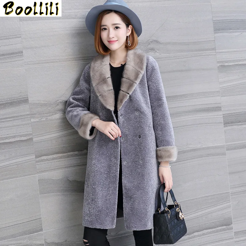 

2023 New Boollili Natural Lamb Fur Coat Female Winter Warm Jackets For Women Real Sheep Fur Coats Mink Fur Collar Overcoat