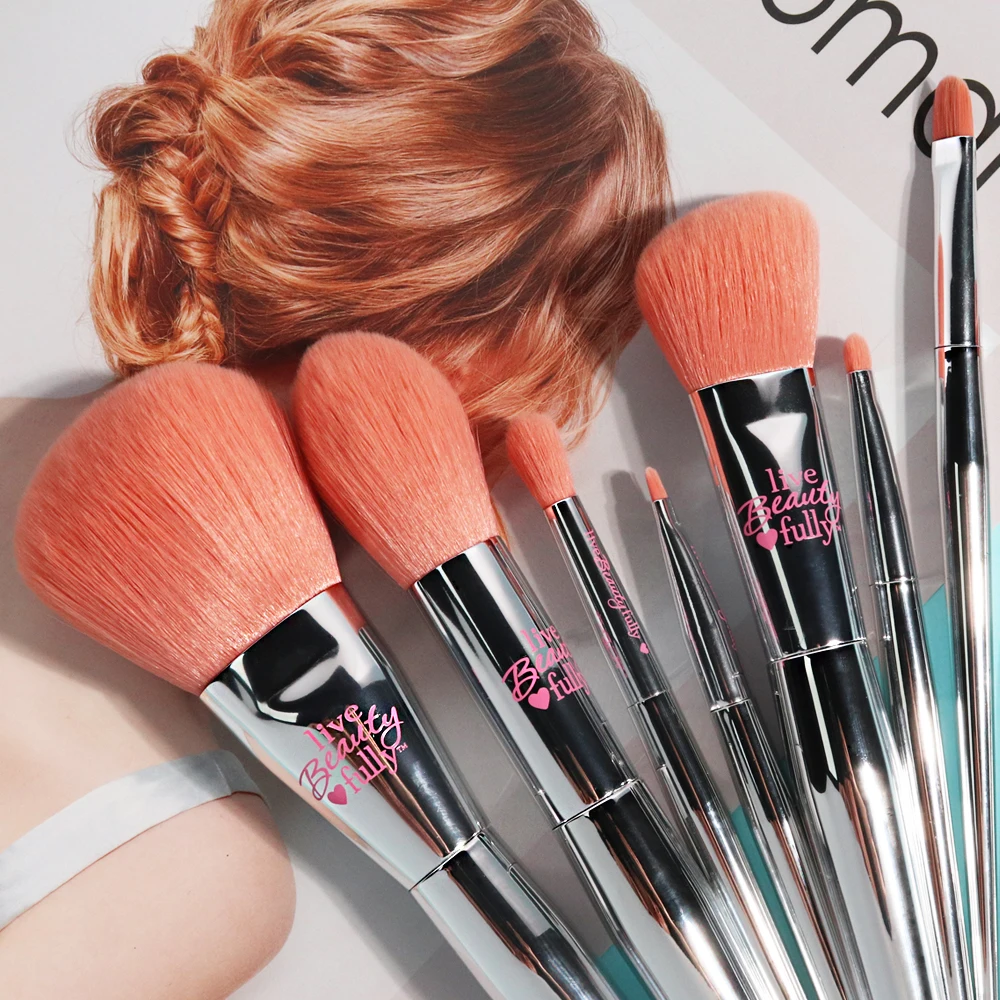 Silver 9Pcs Makeup Brushes Set Professional IT Cosmetics Synthetic Orange Hair Powder Blush Highlight Eyeshadow Make up Brush