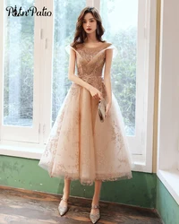 Champagne Long Evening Dresses Shiny Glitter Appliques Tea-length Women Prom Gowns For Graduation Party