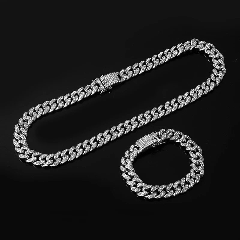 13MM Necklace+Bracelet Hip Hop Miami Curb Cuban Chain Silver Color Full Iced Out Paved Rhinestones CZ Bling For Men Jewelry