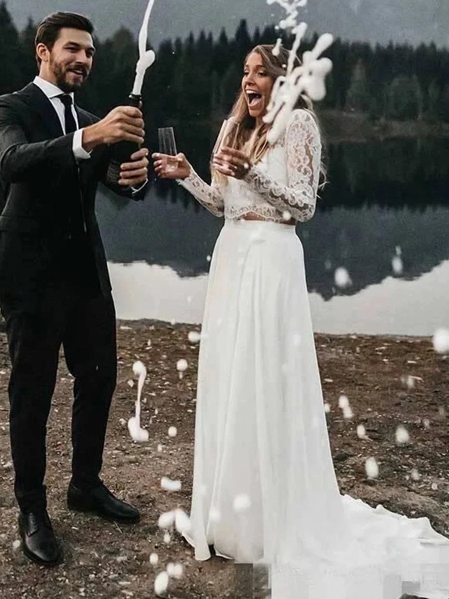 Vestidos de novia de encaje de dos piezas de manga larga para playa, Vestido de novia Sexy de gasa con cuello redondo, estilo bohemio