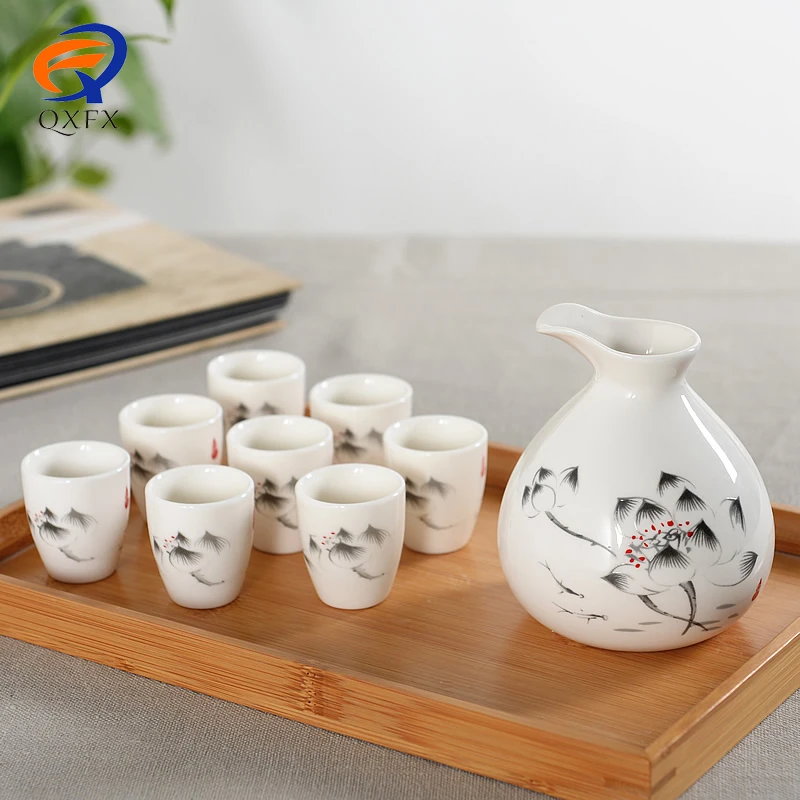 1Pot 8cups Japanese Sake Set Hand Painted Sake Pot With Tableware Wine Pot Suit Gift Kitchen Dining Bar