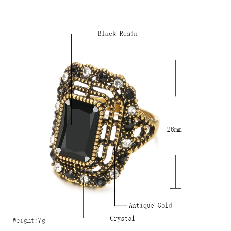 Kinel Big Black Stone Ring For Women Vintage Look Antique Gold Fashion Crystal Flower Bride Wedding Rings Ethnic Boho Jewelry