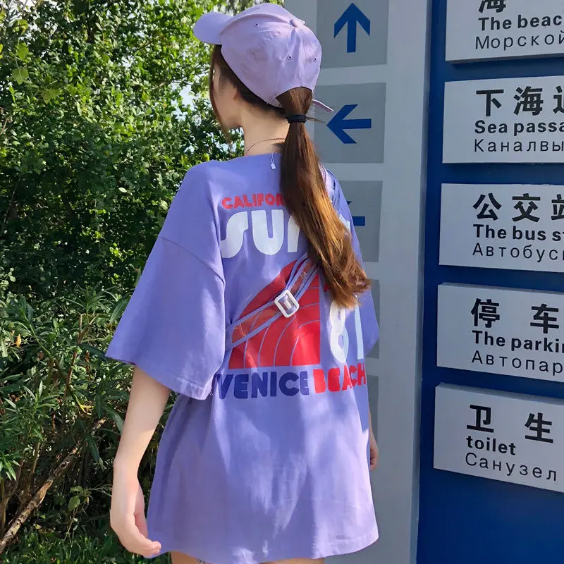 Bawełniane graficzne topy koreańskie damskie puls T-Shirt letni estetyczny elegancki luźna moda koszulka z krótkim rękawem