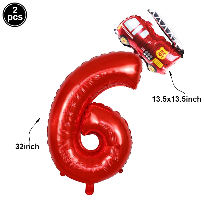 Das Feuer-Party-Dekor-Set enthält einen Zahlen-Folienballon und einen Mini-Feuerwehrauto-Ballon. Feuerwehrmann-Geburtstagsballon für eine Rettungs-Mottoparty – Detail 5